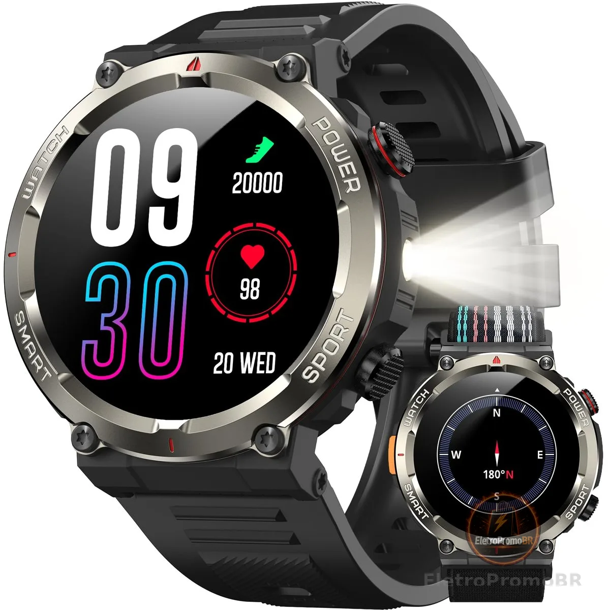 IOWODO Relógio Militar Smartwatch Masculino 1.45" - Lanterna LED, Bússola, Chamadas Bluetooth, 100+ Modos Esportivos, 2 Pulseiras, IP68 - iPhone/Android