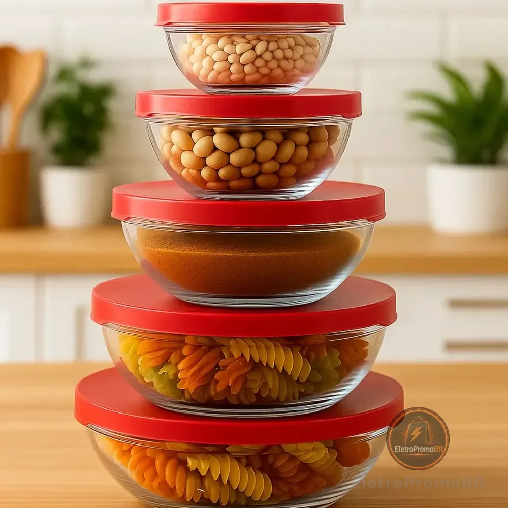 Jogo 5 Potes Bowls Vidro Hermetico Redondo Tigela Com Tampa Vermelho