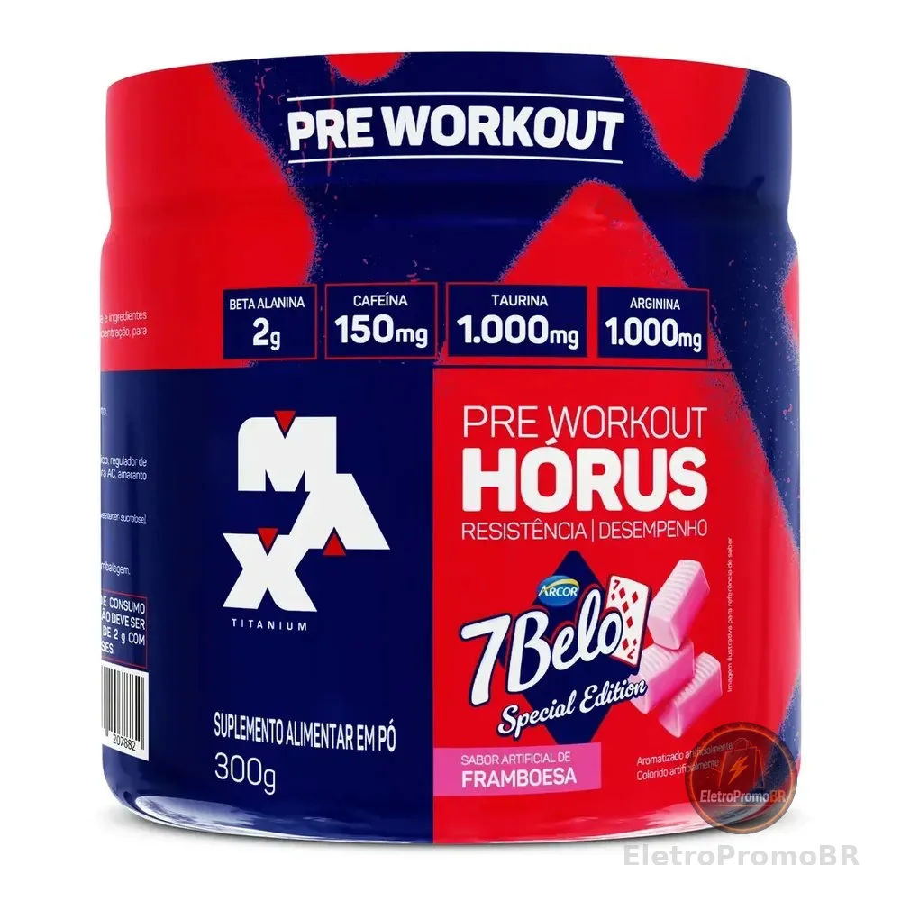Pré Treino Hórus 7 Belo Max Titanium 300g Sabor Framboesa 150mg Cafeína Energia Foco Performance