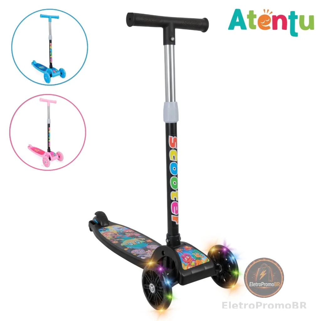 Patinete infantil 3 rodas com led luzes dobrável ajustável menino menina