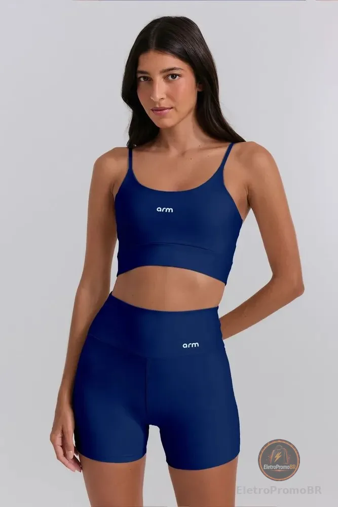 Conjunto Feminino Fitness Powerslim Top Alça E Short Marinho Lisa M