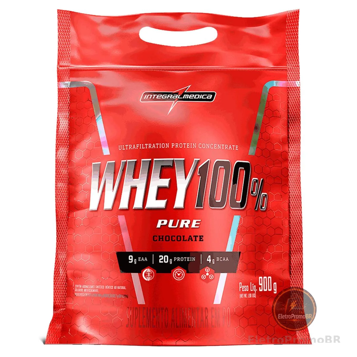 Integralmédica - Whey Protein Concentrado Chocolate 100% Pure - 20g de Proteína por Scoop, Suplementação Alimentar Pós-Treino, Fórmula Enriquecida com BCAAs - Pouch 900g