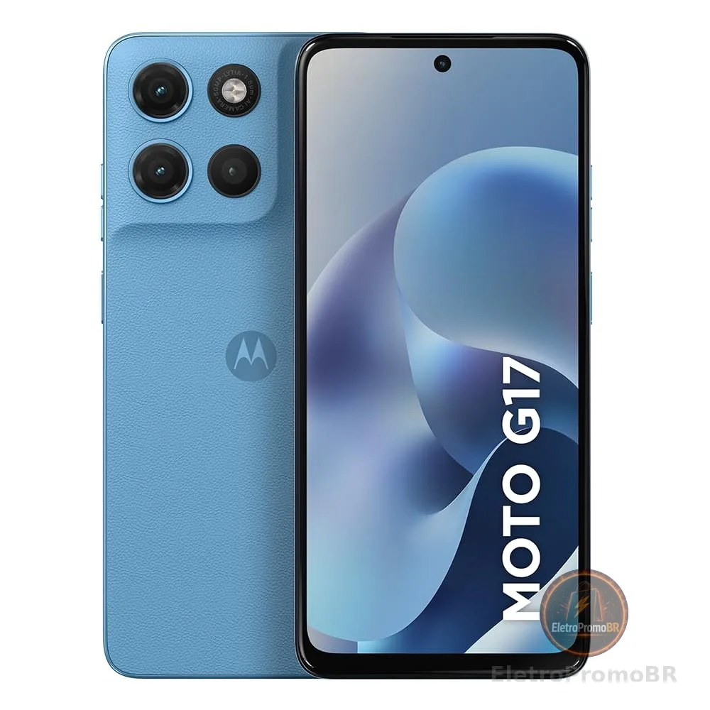 Smartphone Motorola Moto G17 4G - 256GB 12GB (4GB RAM + 8GB RAM Boost) camera 50MP Sony Lytia 600, tela FHD+ 60hz, bateria 5200 mAh - Azul Claro