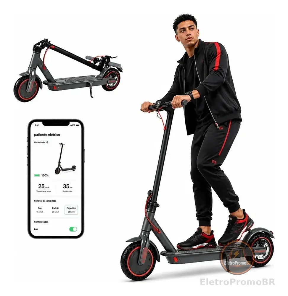 Patinete Elétrico Com Amortecedor E App Gps Bateria Dobrável Preto Com Vermelho