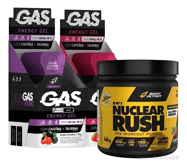 2x Caixas Gas Energy Gel 20 Sachês + Pré Treino Nuclear Rush