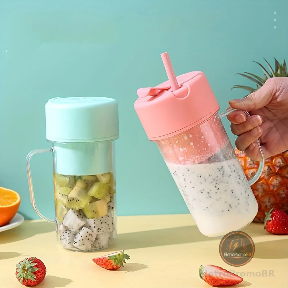 Copo Caneca Liquidificador Mini Juicer 420ML 6 Laminas Com Tampa E Canudo Recarregável Portátil Xuyuan