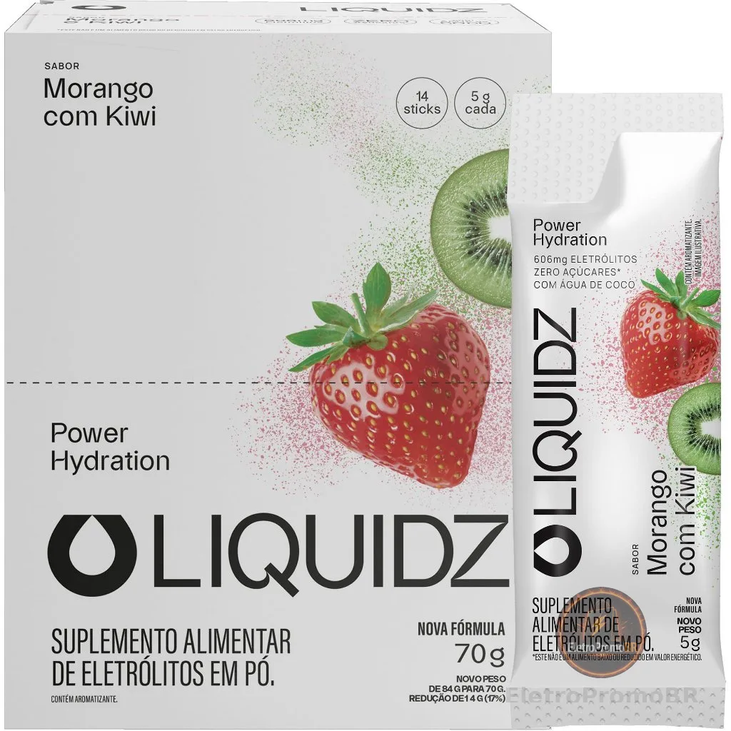 LIQUIDZ® - Eletrólitos Zero Açúcares - Sabor Morango com Kiwi  - Kit 1 Caixa - 14 sachês