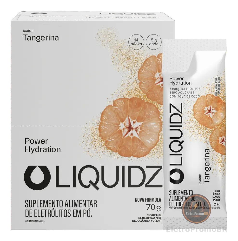 LIQUIDZ® - Eletrólitos Zero Açúcares - Sabor Tangerina - Kit 1 Caixa - 14 sachês