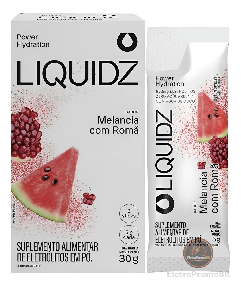 Liquidz® Eletrólitos Zero Açúcar Melancia Com Romã 6 Sachês Melancia Com Romã