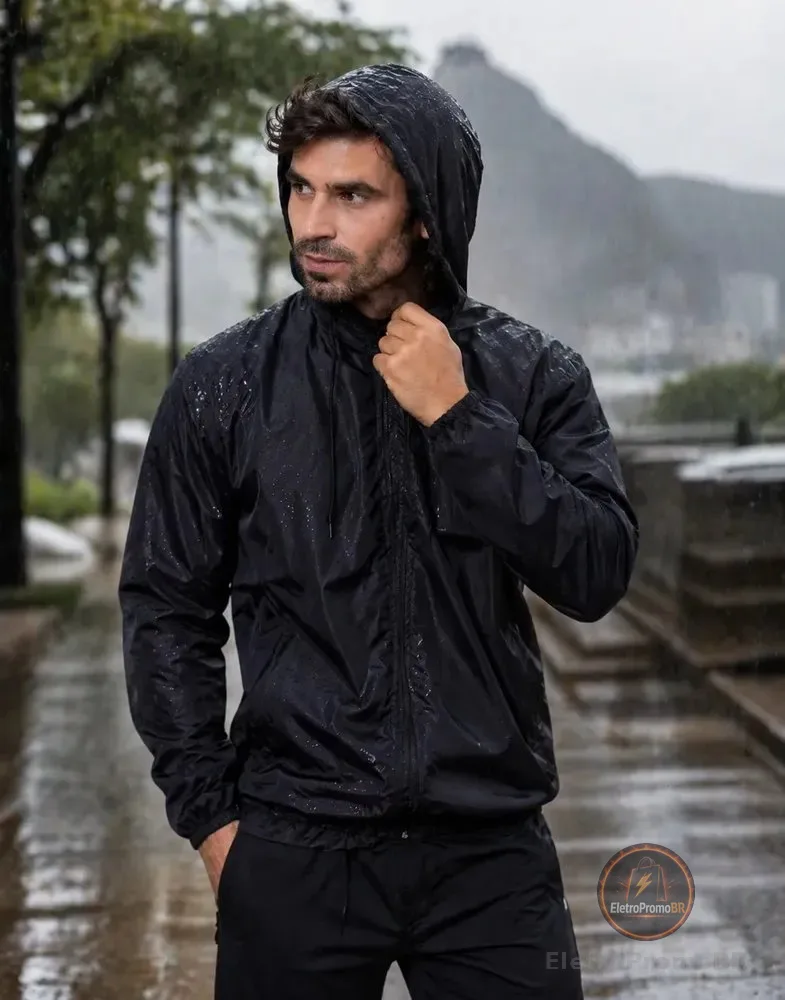 Jaqueta Corta Vento Masculina Impermeável Capuz Zíper Bolso Preto G Liso