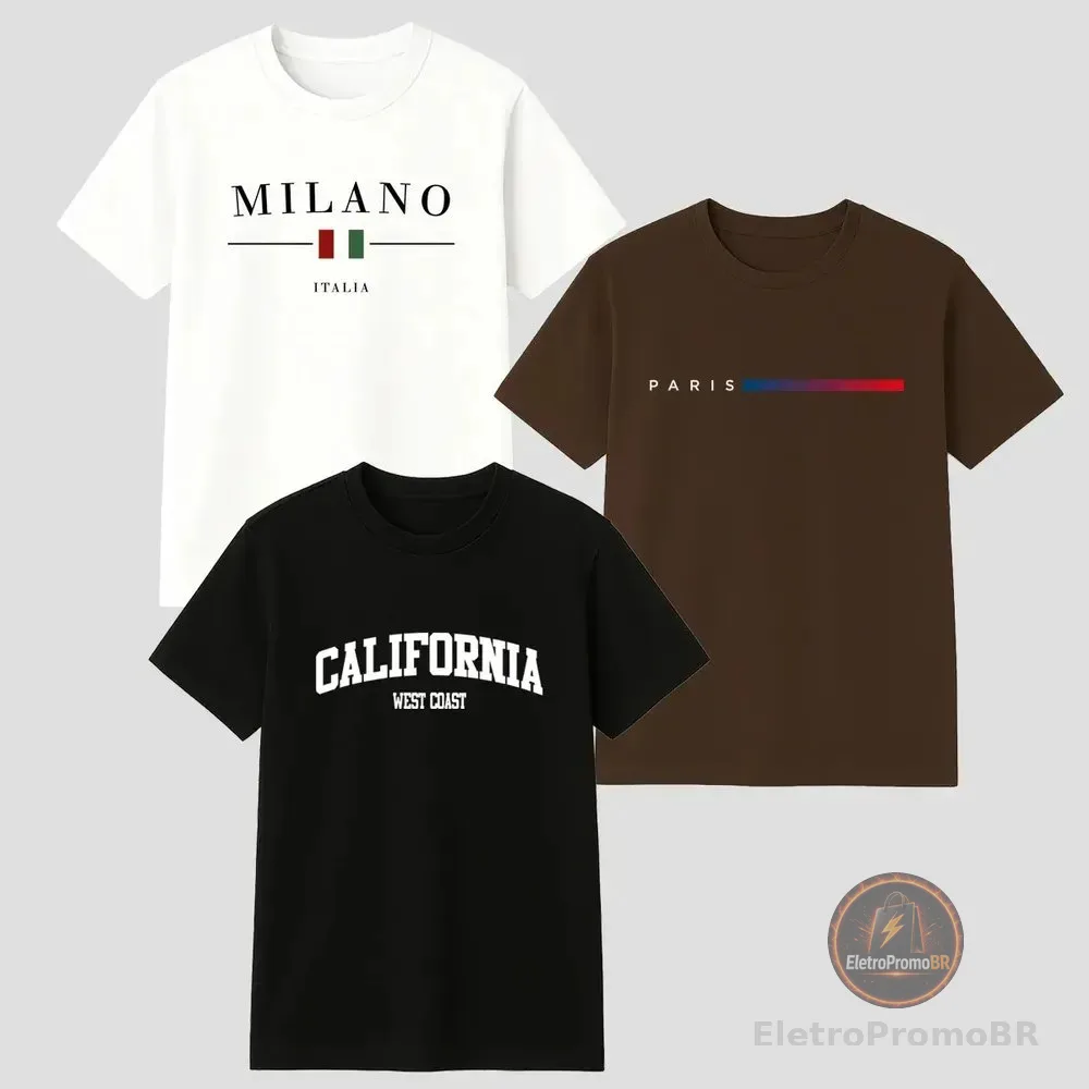 Kit 3 Camisetas Masculina 100% Algodão Premium Verão Casual Preto -marrom-branco Gg Estampa Localizada