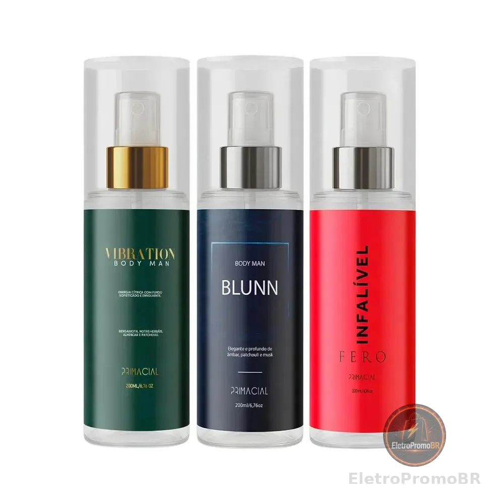 Kit 3 Body Splash Masculino Vibration + Blunn + Infalível Fero By Primacial Body Man