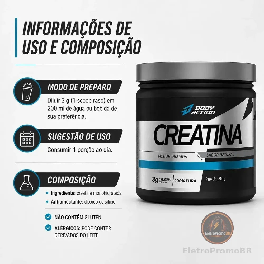 Creatina Monohidratada Bodyaction 300g Sem Sabor Pura