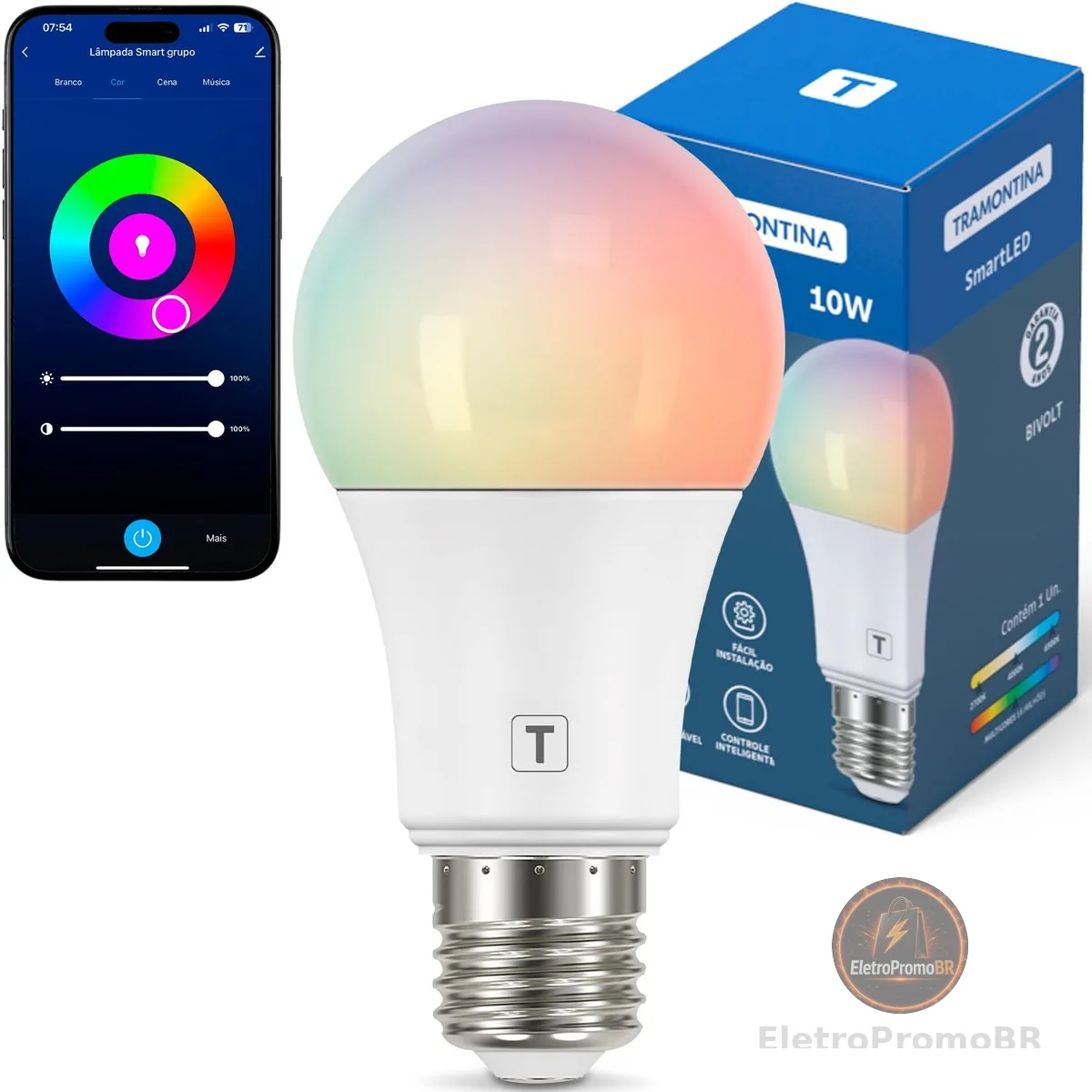 Tramontina Lâmpada Smart​ LED Inteligente E27​ 10W Wi-Fi + Bluetooth​ 16 Milhões de Cores - Compatível com Alexa e Google Assistente
