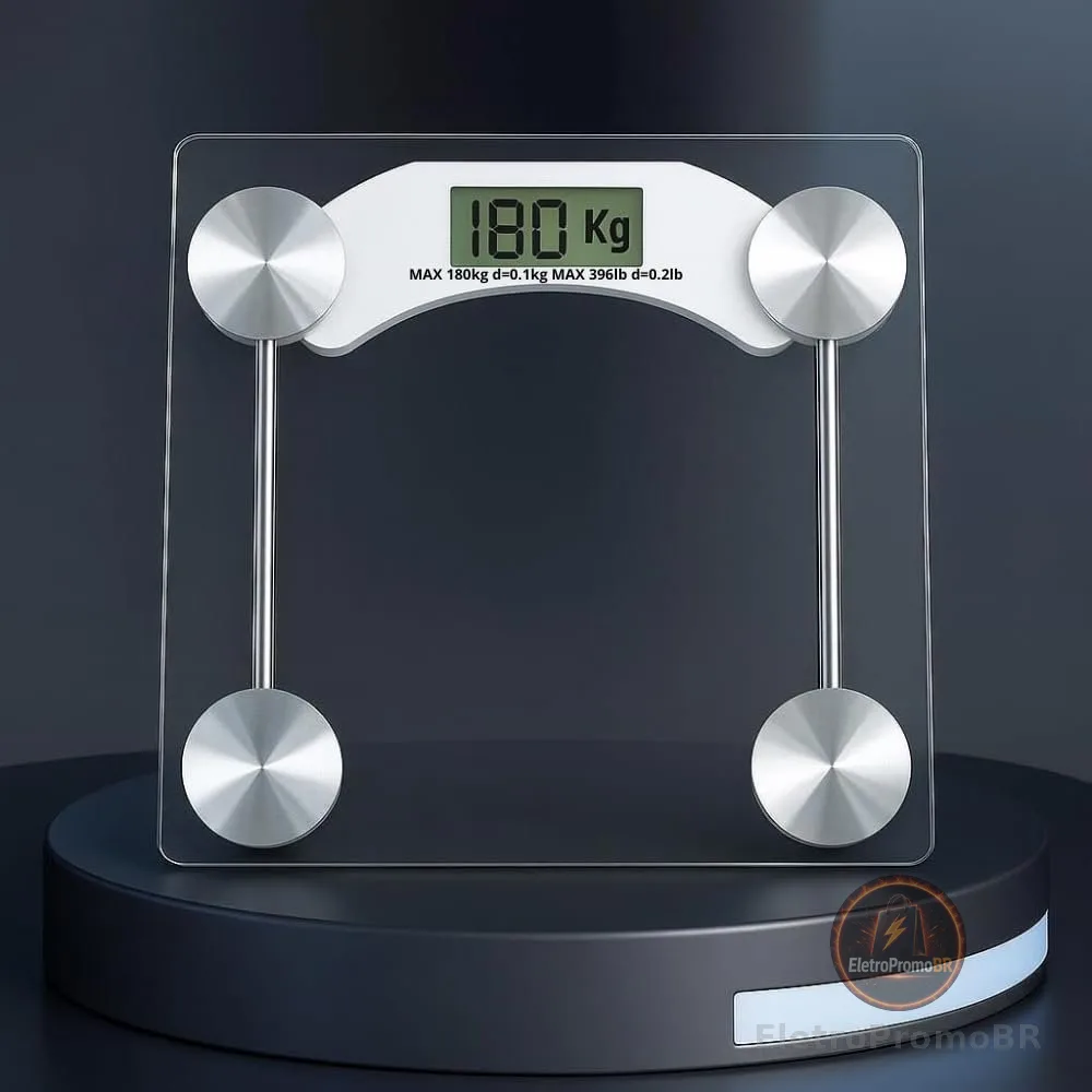 Balança Corporal Premium Digital de Vidro Temperado Transparente até 180kg com Display Automática Precisa Fitness Saúde Academia Banheiro Casa Pesagem Inteligente Peso Leve Moderna Inteligente Prática