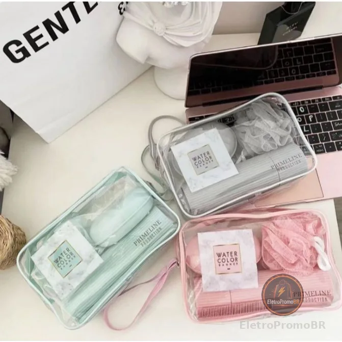 5 Peças Kit de Viagem Com Bolsa Porta Escova Pente Saboneteira e Ducha Compacto Para Viagem