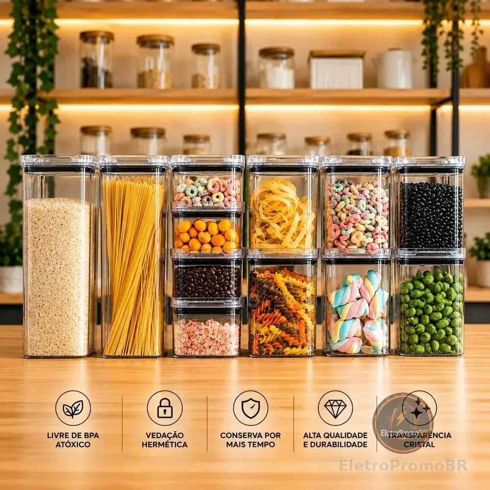 Kit Potes Porta Mantimento Hermético Quadrado Cozinha 12 Uni