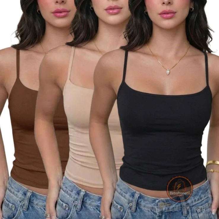 kit 3 Blusinha de Alcinha Feminina Básica Suplex Justa Moda Verão  que sustenta sem sutiã e modela o corpo