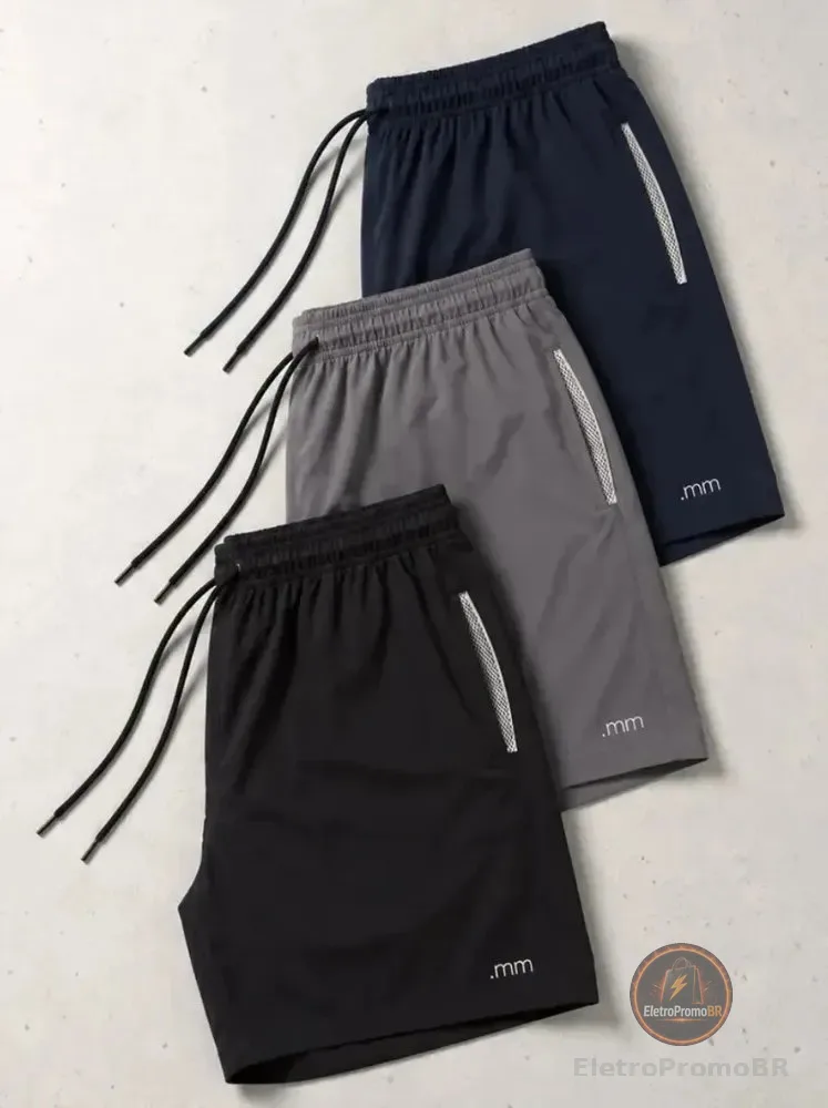 Kit 3 Bermuda Masculina Tactel Com Elastano Academia Treino Preto-marinho-cinza G