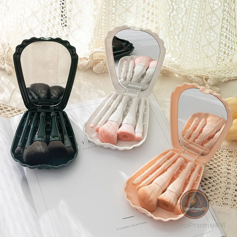 Kit 5 Pincéis Com estojo Formado De concha do Mar com Espelho Portátil para Aplicação de Maquiagem ZD