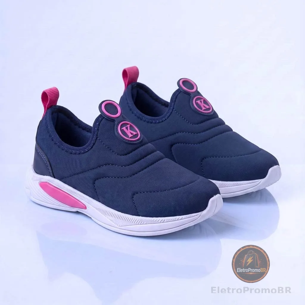 Kidstep Tenis Escolar Infantil Calce Fácil K Feminino Bordado Marinho com Pink