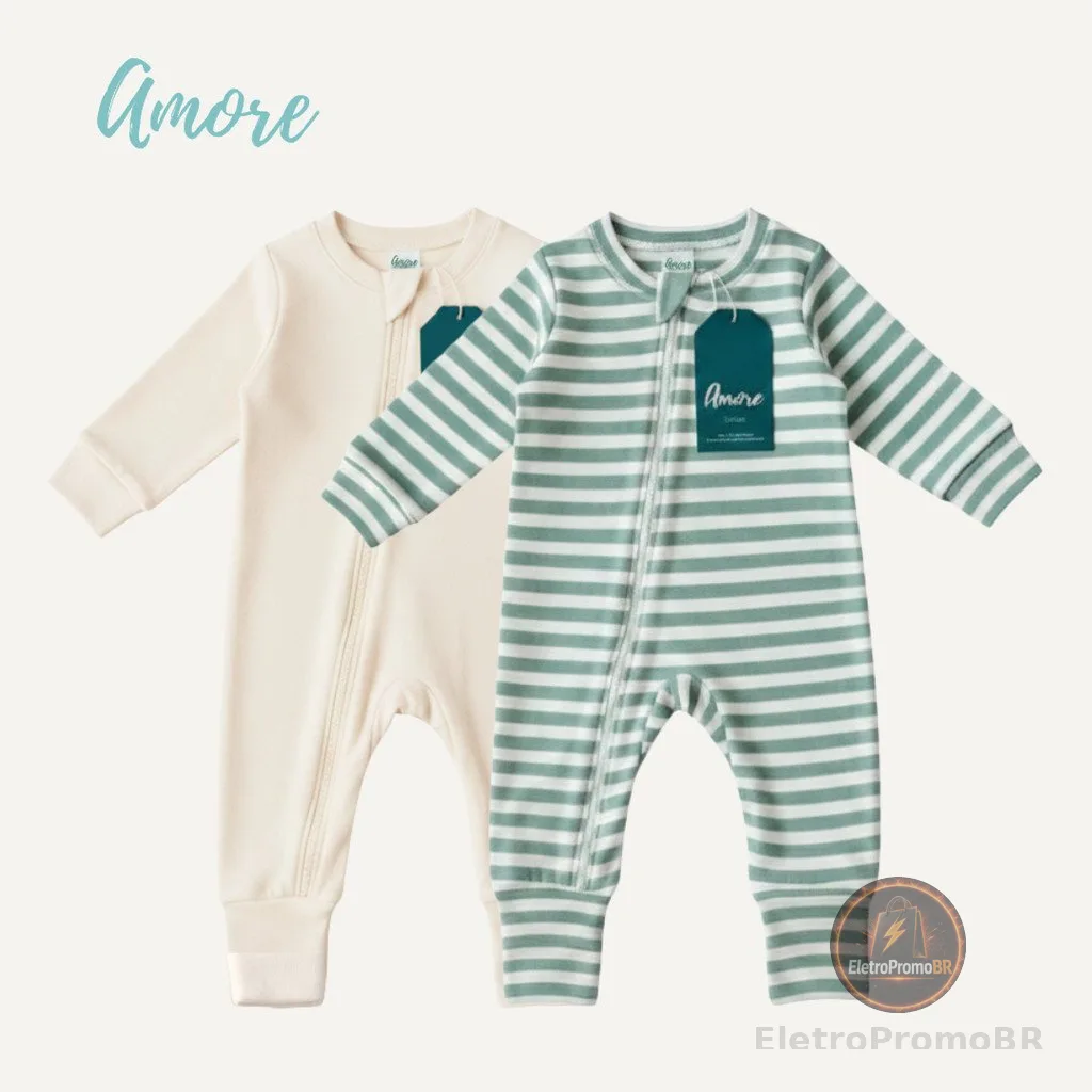 Kit 2 Macacão longo para Bebê Amore Listrado Verde Água e Bege 100% Algodão
