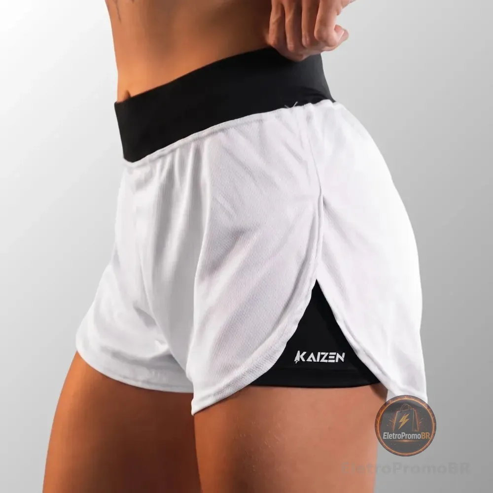 Short Feminino Duplo 2 Em 1 Compreensão Bermuda Academia Branco Geométrico G
