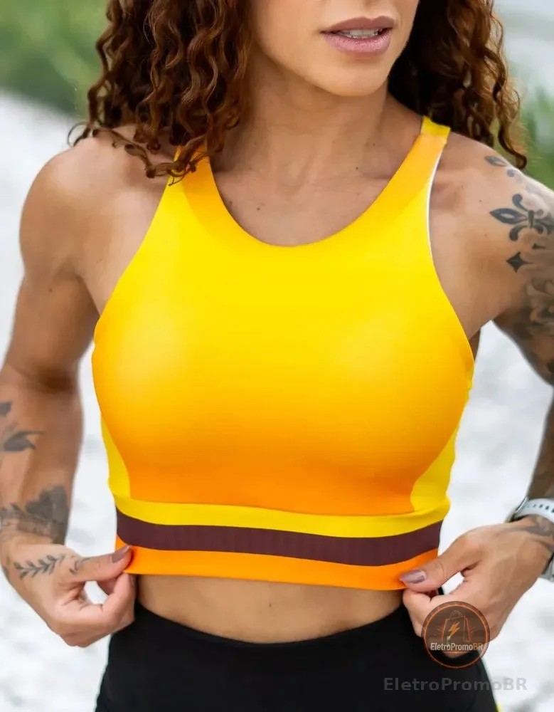 Cropped Corrida Alta Sustentação Com Bojo Removivel Ciclico Laranja Energy Liso M