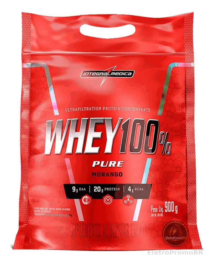 Whey 100% Pure Pouch Morango 900g Integralmedica - 21g de Proteína para Hipertrofia e Recuperação Muscular