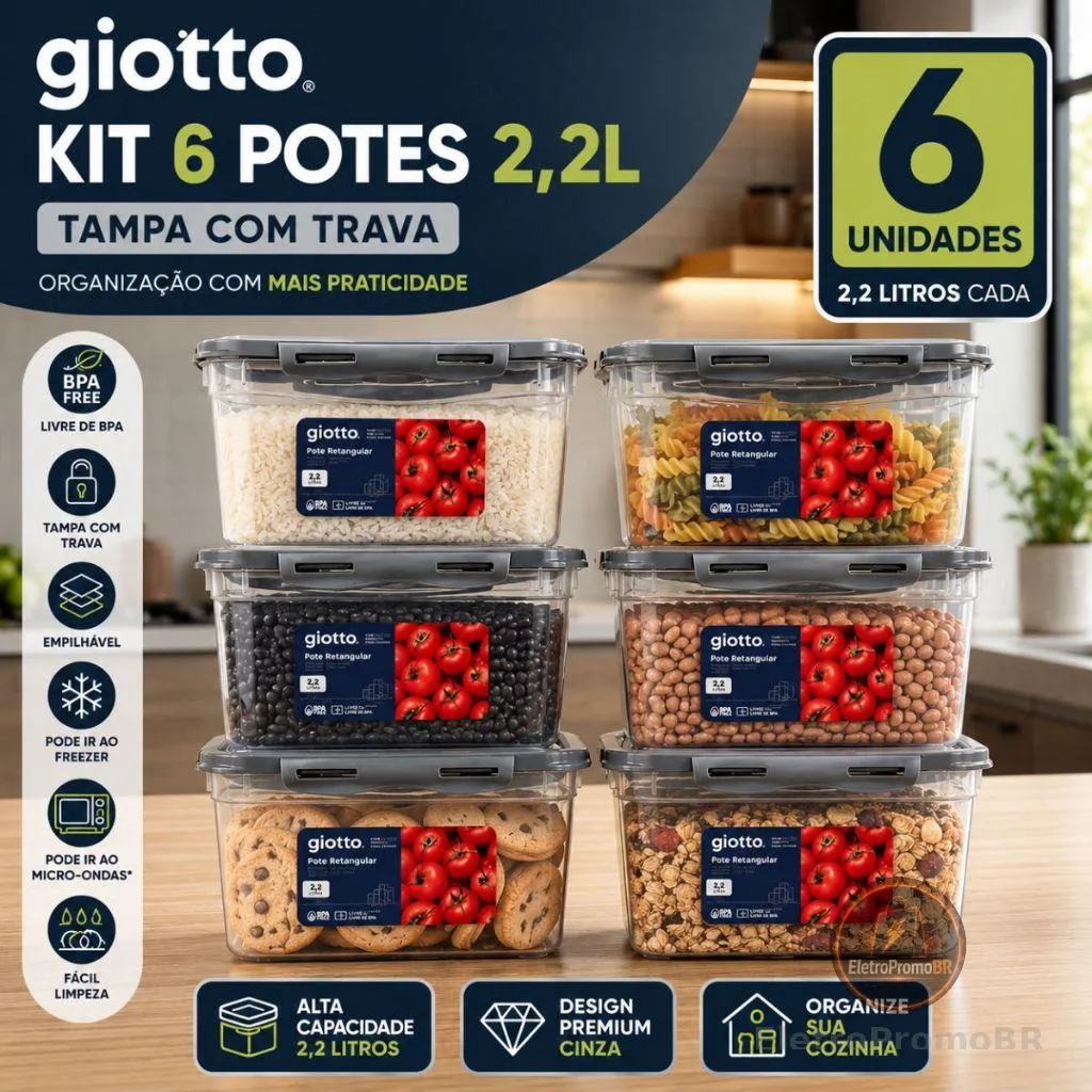 Kit 6 Potes Com Tampa e Trava 2,2L Alto Cinza Freezer E Microondas Marmitas Fitness Giotto