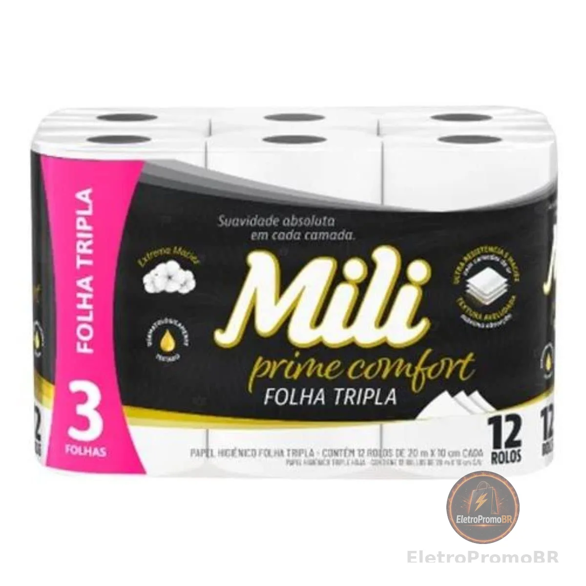 Mili Papel Higiênico Folha Tripla Prime Comfort, Picotado e Texturizado, 12 Rolos de 20 metros