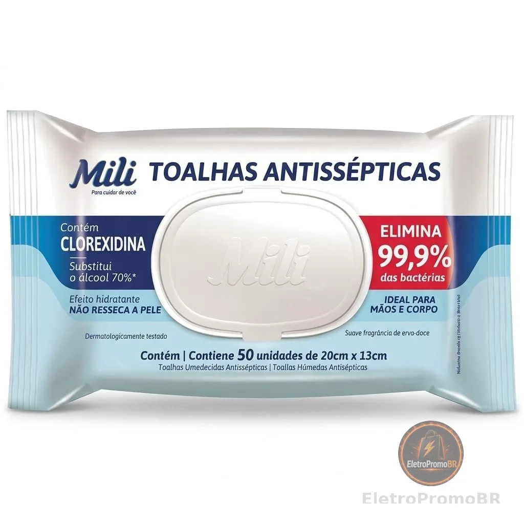 Mili Toalhas Umedecidas Antissépticas, Higienização de Mãos e Corpo, Elimina 99,9% das Bactérias, 50 Unidades