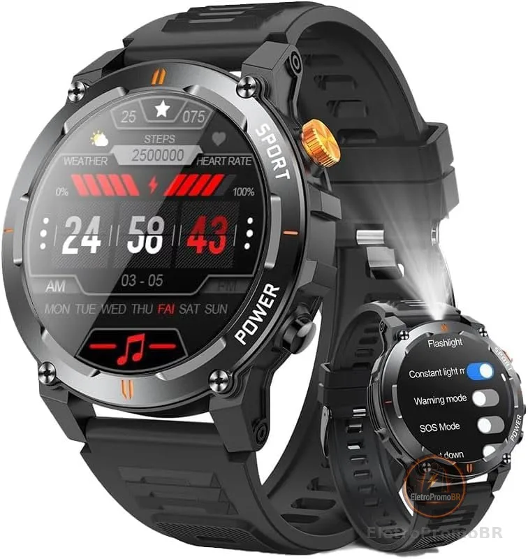 Relógio Inteligente Militar Masculino com Luzes de Emergência, Tela HD de 1.52", 20 Dias de Chamadas Bluetooth, Bateria 500mAh, Lanterna, Bússola, Esportes ao ar Livre Smartwatch para iOS e Android