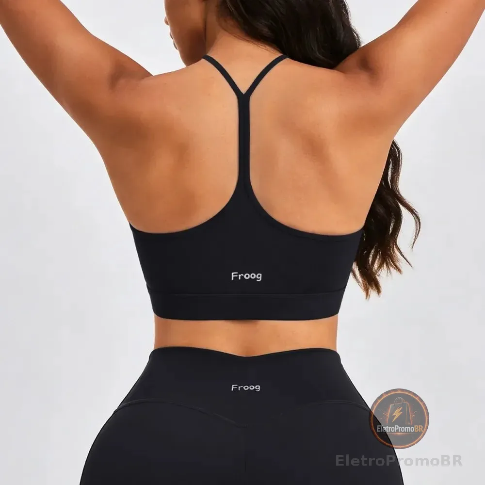 Froog Top Feminino Fitness Academia Com Bojo Alta Sustentaçã Preto Liso M