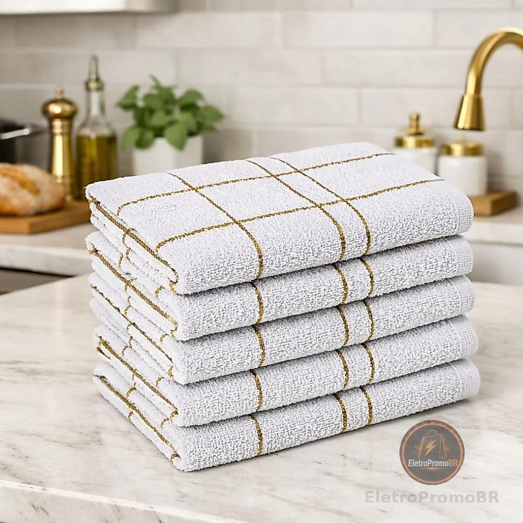5 Pano Prato Cozinha Xadrez Branco c/ Dourado Grande Algodão Macio Laune Haus