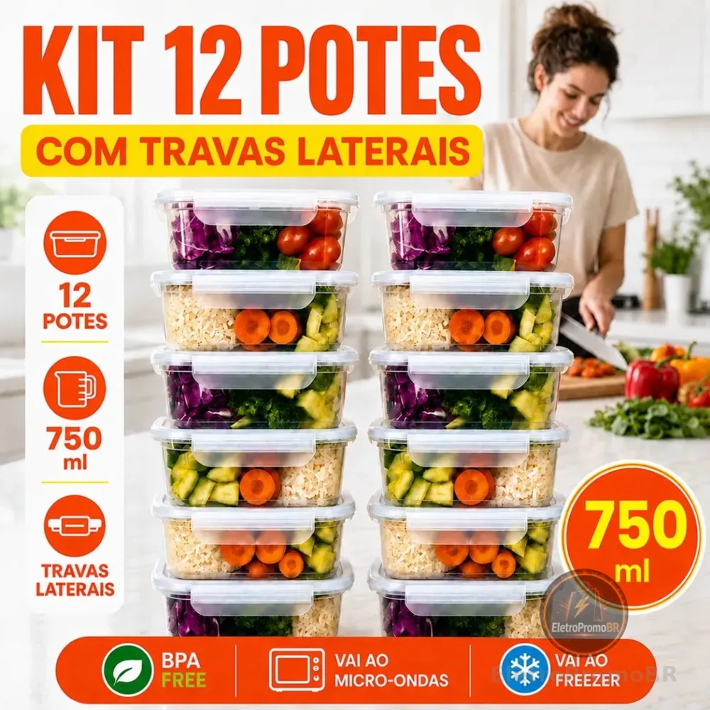 Kit 12 Potes Marmita 750 Ml Reutilizável Freezer Microondas Transparente
