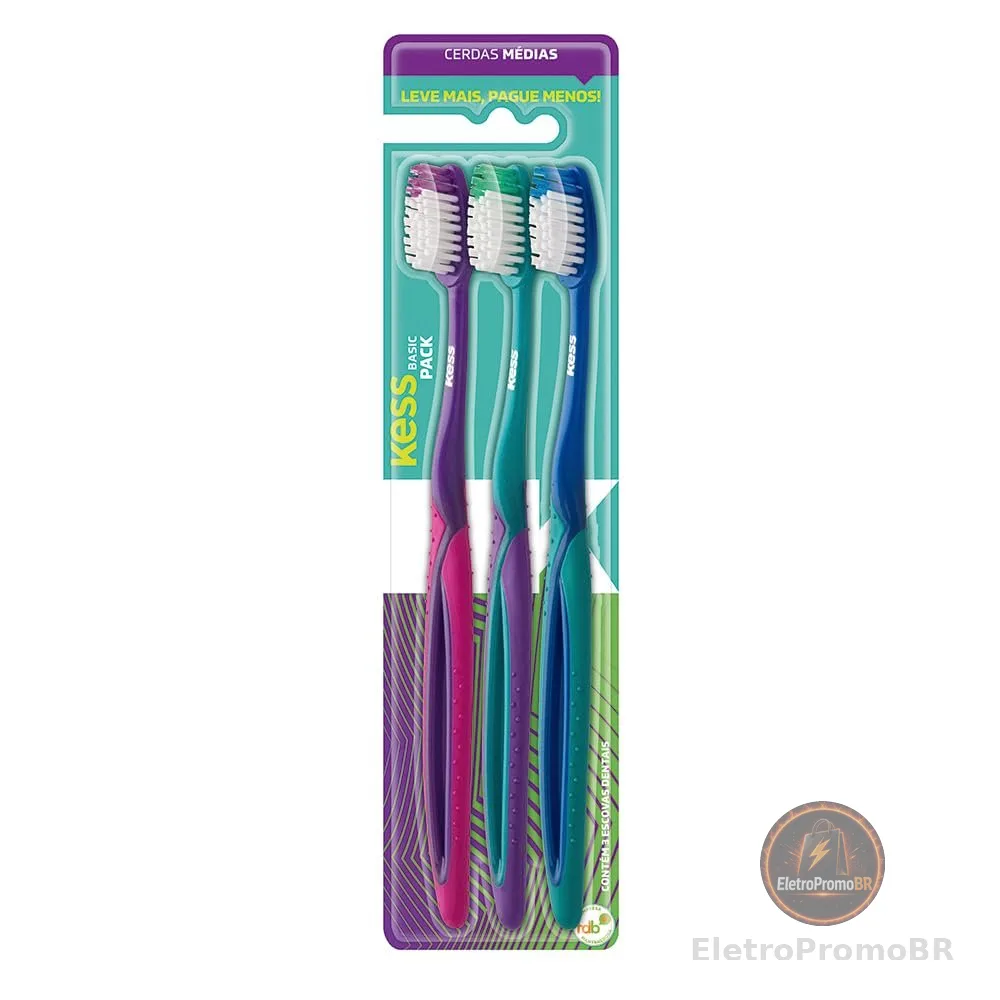 Kess Combo Econômico Com 3 Escovas Dentais Multicor