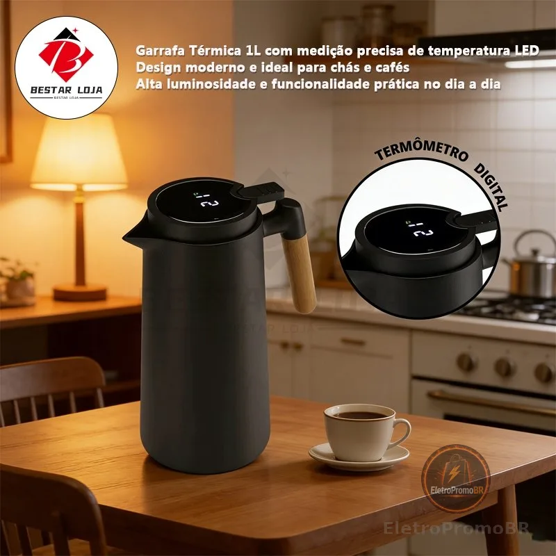 BESTAR LOJA Garrafa Térmica 1 Litro Com Termômetro Led Para Chás / Café Design Modern 1000lm