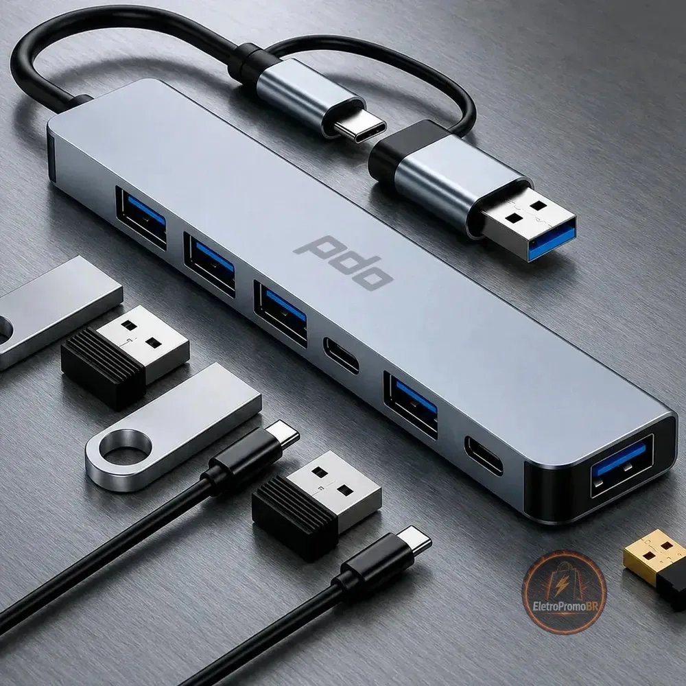 Hub USB 3.0 PDO 7 em 1 de Alumínio Com Adaptador Híbrido USB-C e USB-A