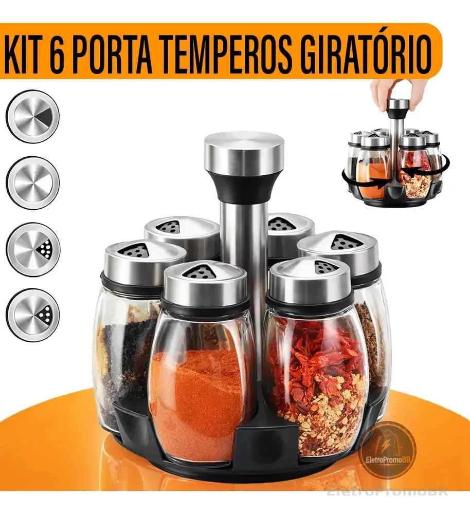 Yab - Porta Tempero De Mesa Saleiro Giratório 6 Potes P/ Condimentos Em Vidro E Aço Inox Cozinha Premium