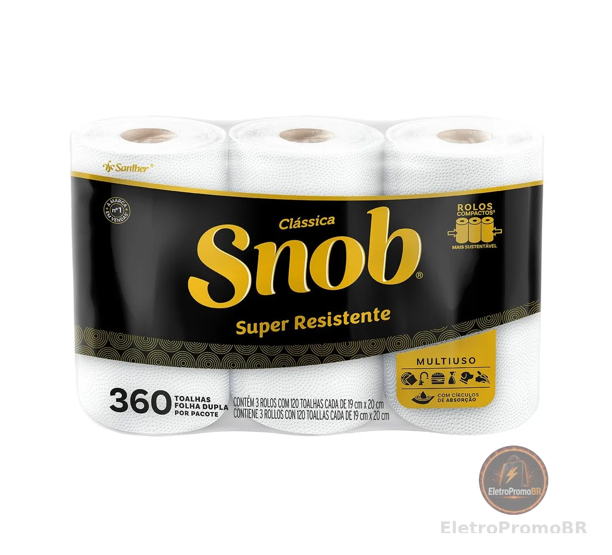 Snob Papel toalha multiuso folha dupla branca hiper 360fls, 3 rolos