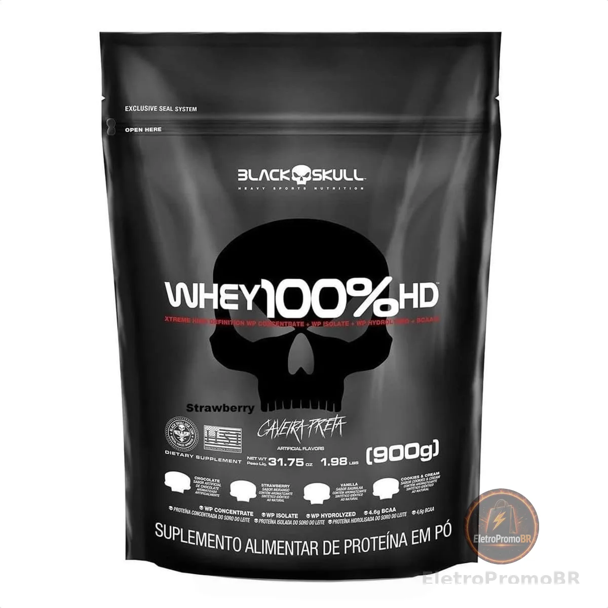 Whey 100% Hd - 900G Refil Morango, Black Skull