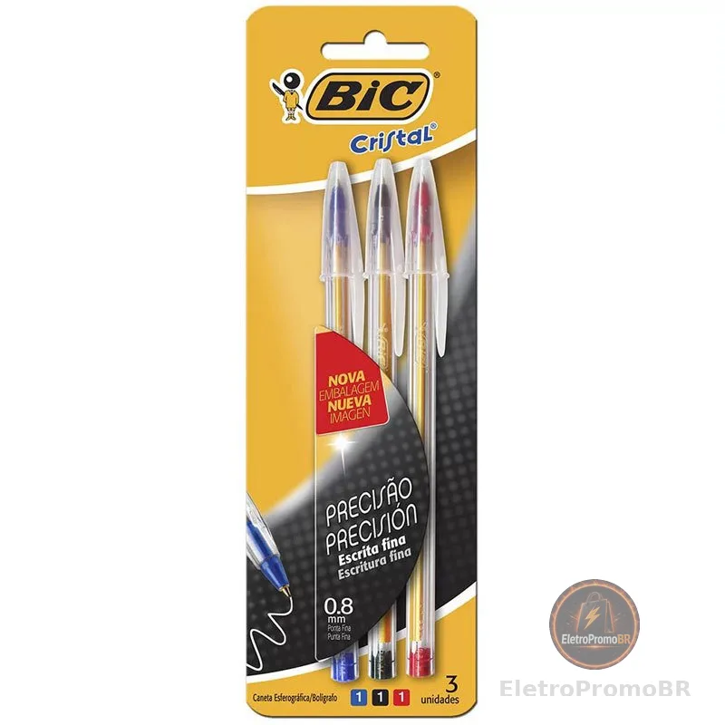Caneta esferográfica Cristal Fina 0.8 AZ/PT/VM com 3 unidades Bic