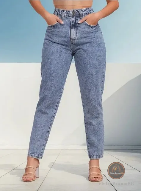 Calça Mom Jeans Feminina Cintura Alta Marmorizada