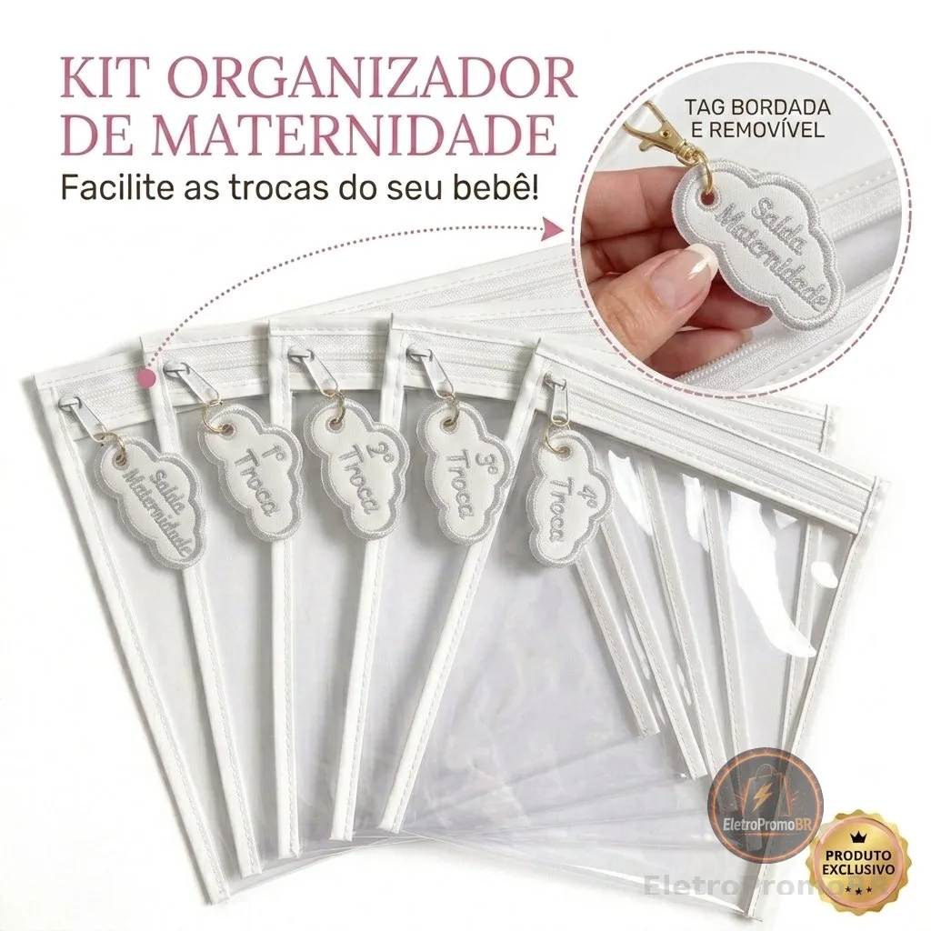 Kit 5 Saquinhos Maternidade Com Tag Bordada De Identificação Com Zíper