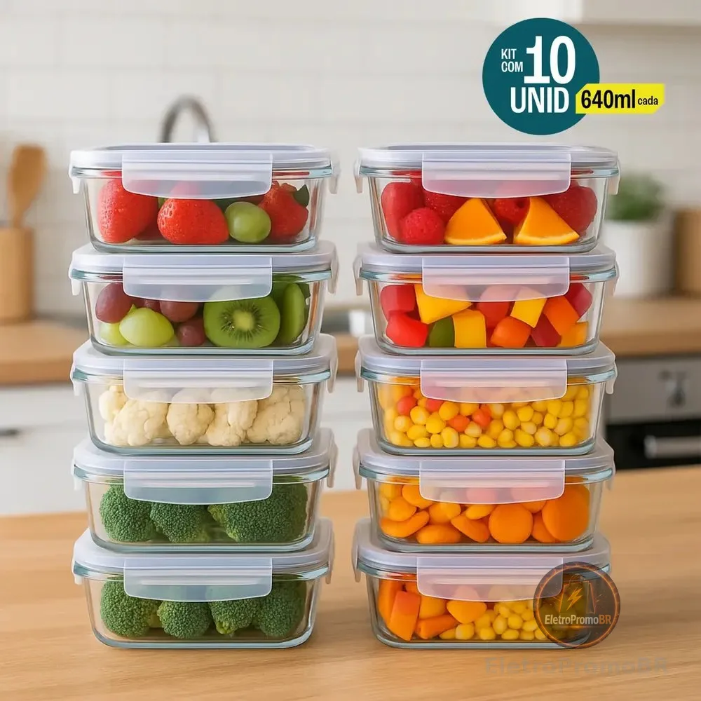 Kit 10 Potes De Vidro Hermético 640ml 4 Travas Livre De Bpa Cinza