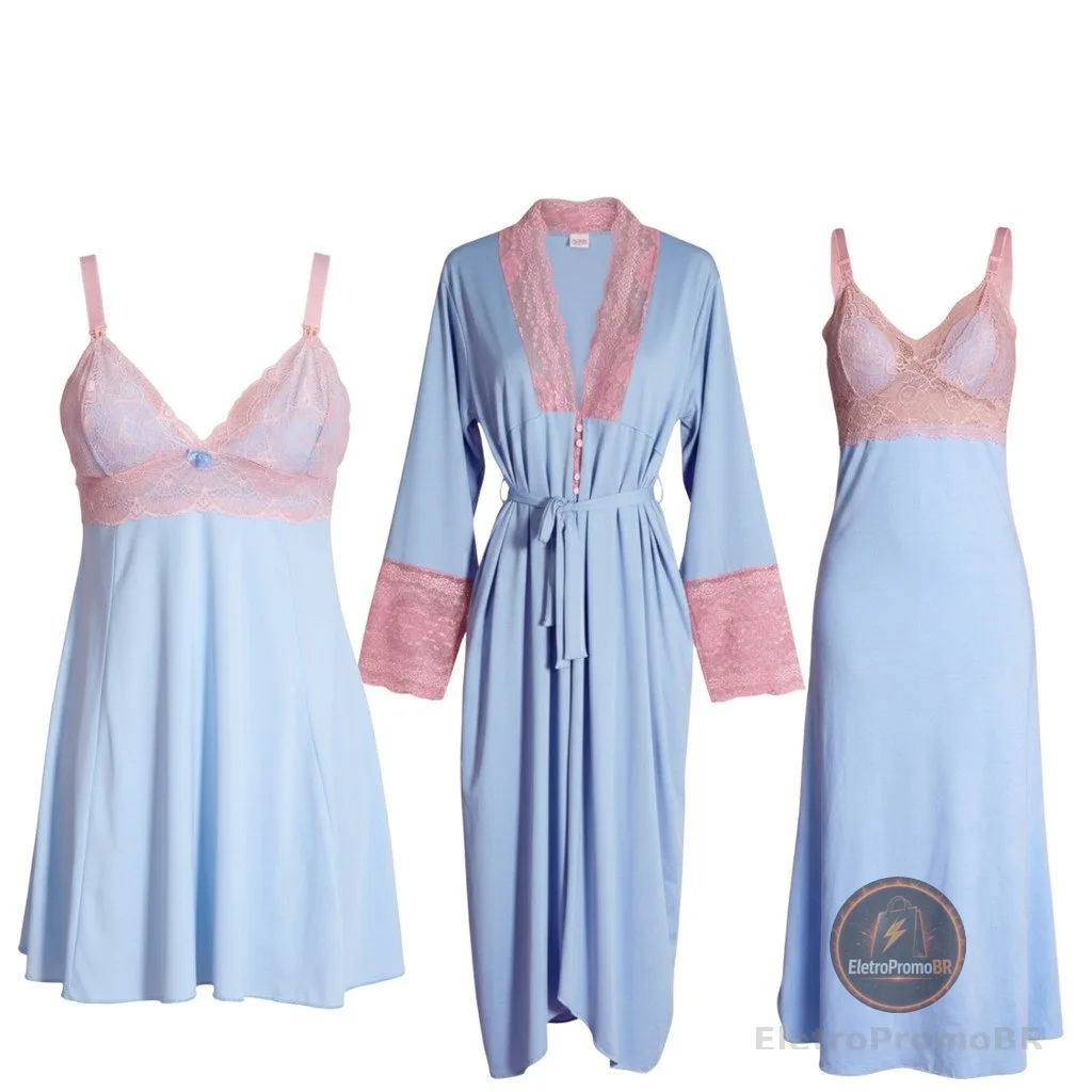 Kit Camisola Amamentação Pós Parto Conforto Praticidade Camisola Longa e Curta com Robe Longo