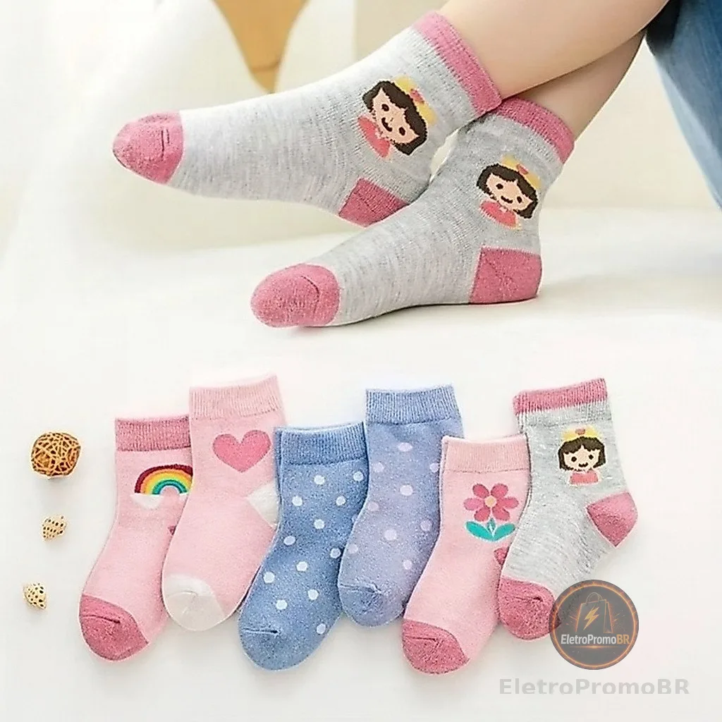 Kit 12 Pares de Meias Infantil Feminina Estampada Coloridas Algodão Macio e Confortável