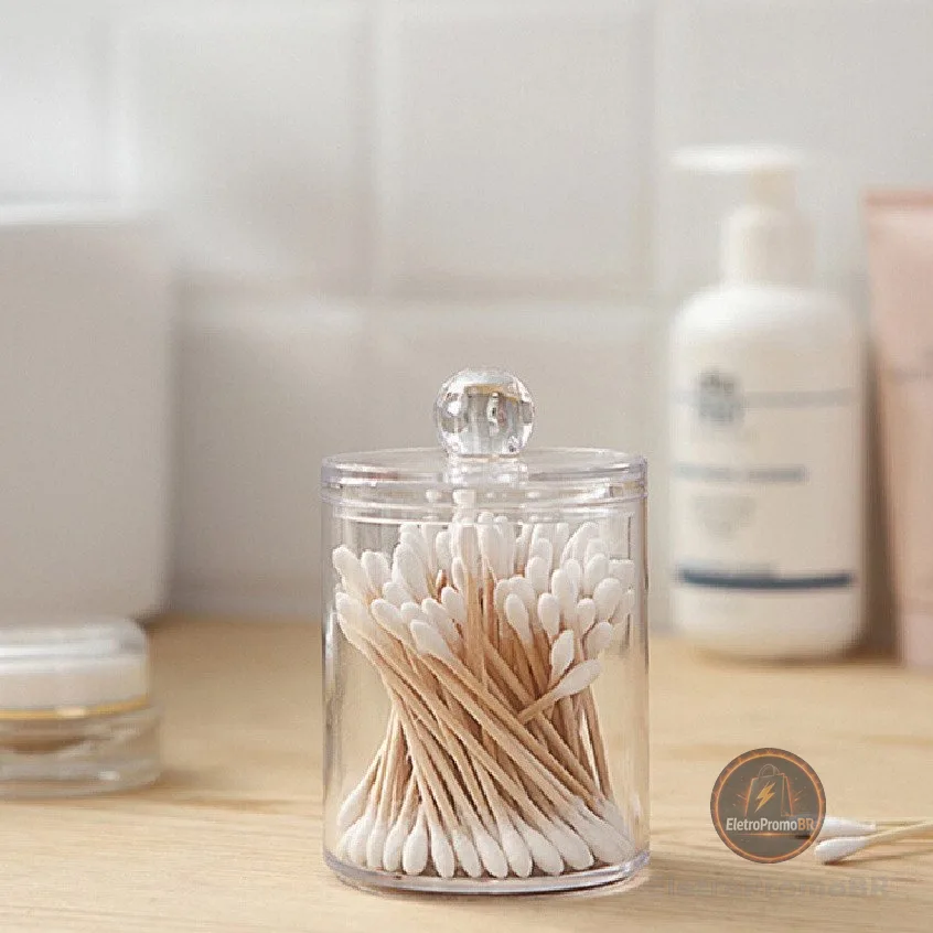 Porta Cotonetes e Algodão 10,5cm Organizador com Tampa e em Acrílico Multiuso Universal Prático universal