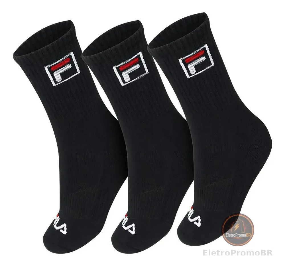 Kit Tripack Meias Fila Cano Alto Fbox Masculina Preta 3 Meia Pretas Logo 34-38